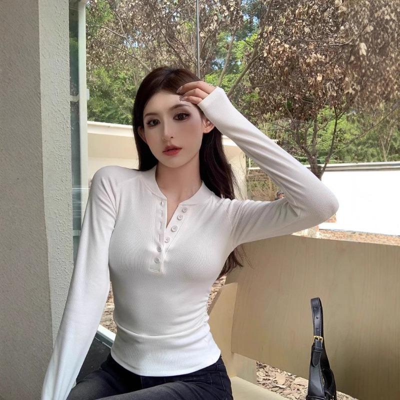 Dámské úzké dlouhý rukáv s polorozepínacím límcem a knoflíky, Korejský styl, Jaro Podzim, Čistý Lust styl, Sexy top