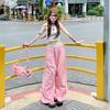 Women's Spring/Summer Pink Plaid Wide-Leg Pants Thin High-Waisted Drapey Straight-Leg Casual Loose Trousers