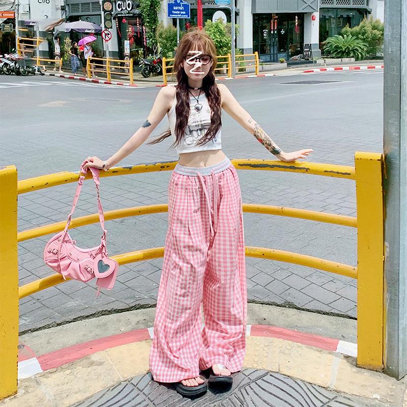 Women's Spring/Summer Pink Plaid Wide-Leg Pants Thin High-Waisted Drapey Straight-Leg Casual Loose Trousers