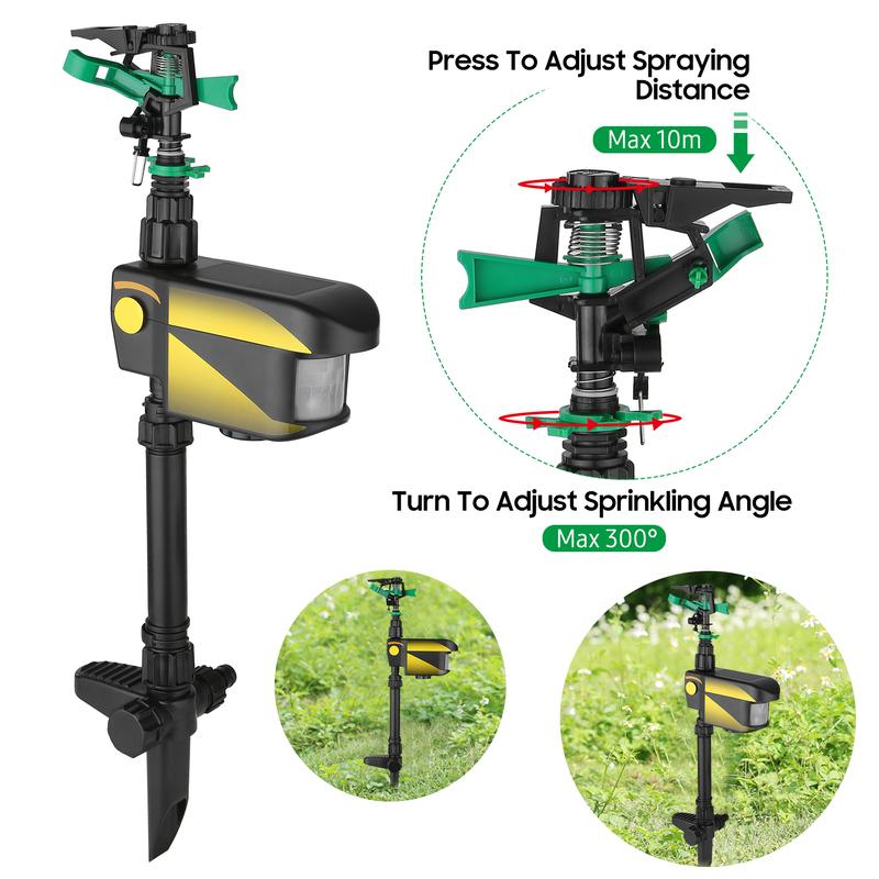 Solar Power Motion Activated Sprinkler Animal Repeller 3 Time Modes Adjustable Spray Angle Sprinkle Distance Garden Sprinkler