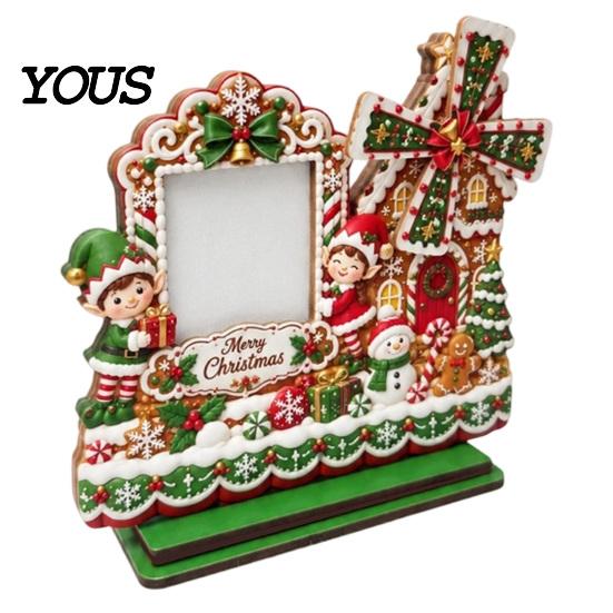 Christmas Photo Frame 2D Gingerbread House Wooden Frame, Spinning Windmill Picture Xmas Cottage Ornament Desktop Holder for Home Fireplace Table Decor