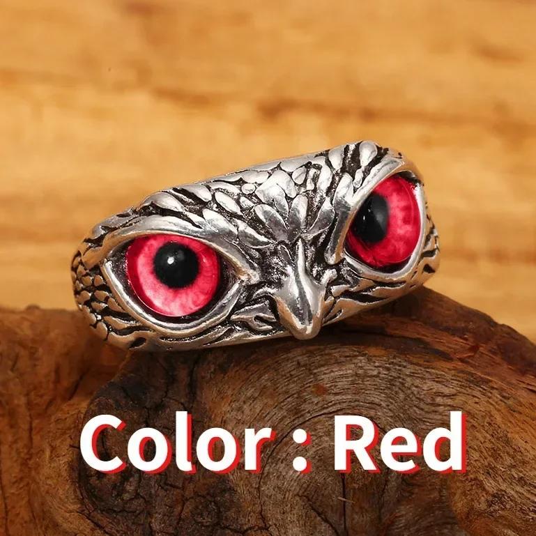 

New Vintage Owl Rings For Women Men Design Multicolor Cat Eye Finger Rings Silver Color Adjustable Opening Animal Couple Jewelry красный