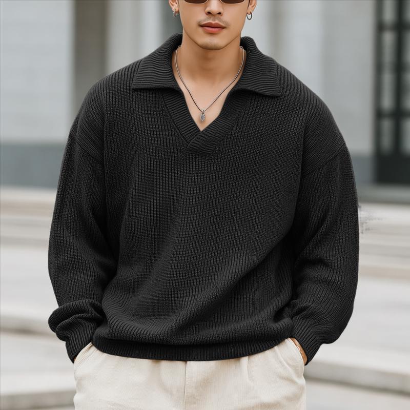 

INCERUN Осенние мужские топы-пуловеры кэжуал с текстурной рубкой, с лацканами на шее и длинными рукавами 3XL чёрный