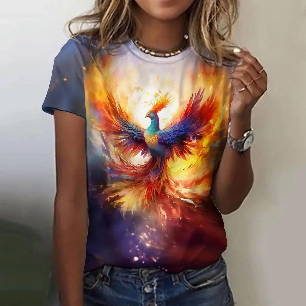 

Летняя женская футболка с модным узором «Феникс», топ с короткими рукавами, свободный топ с круглым вырезом, женская футболка для вечеринок 7XL