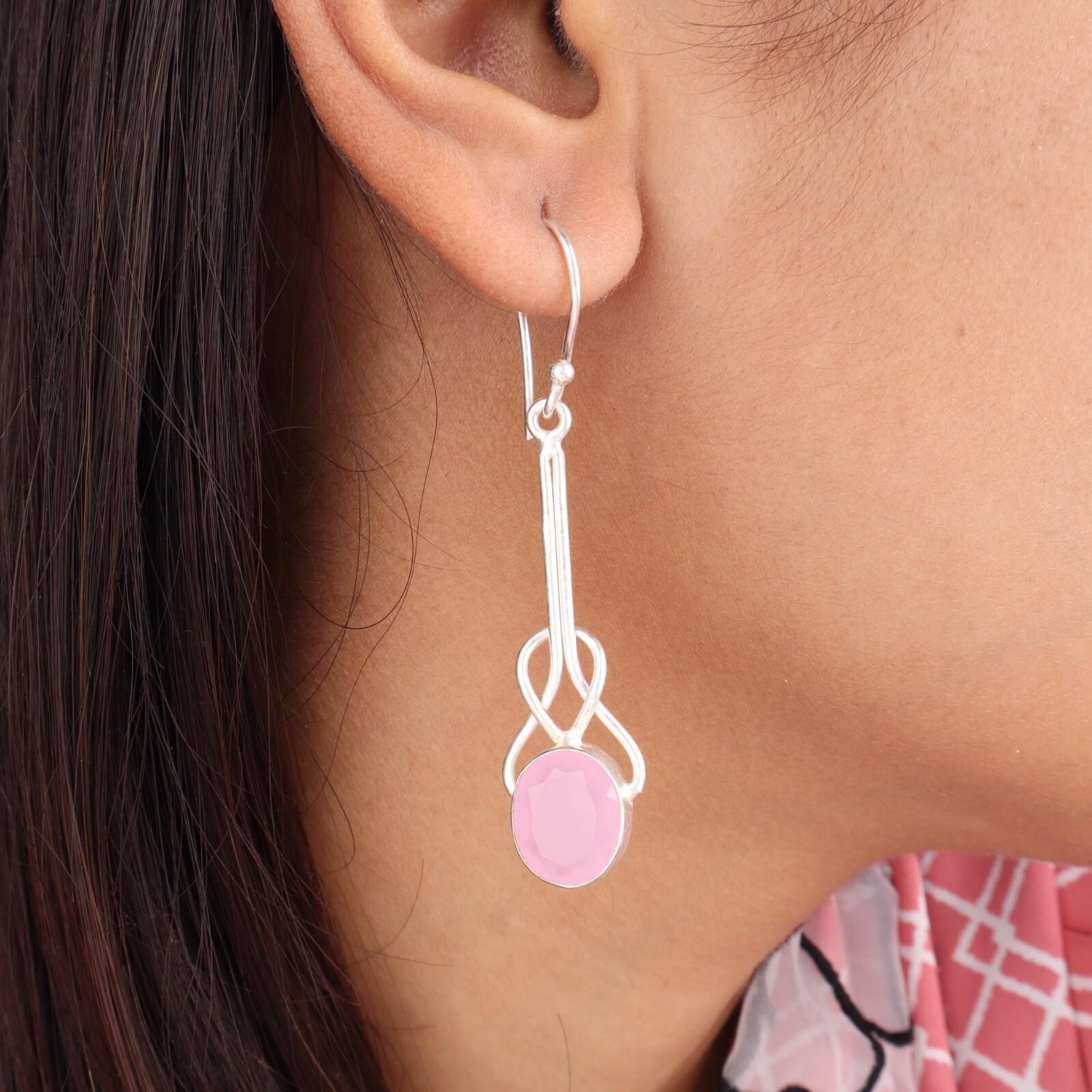 

Rose Chalcedony Gemstone 925 Sterling Silver Jewelry Handmade Earrings 1.76 EE-171-18