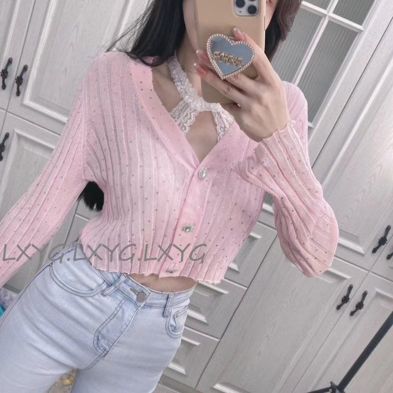 

Knitted Cardigan Thin Slim Looking Long Sleeve V Neck Hot Drilling Pink 6638 (one-piece Cardigan) S