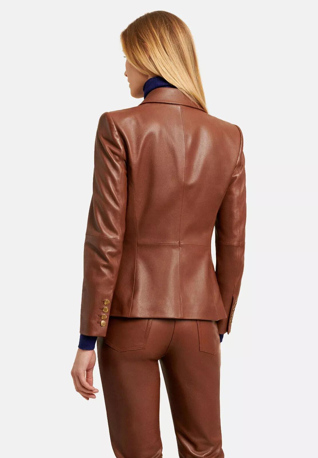 

КОРИЧНЕВЫЙ классический пиджак для вечеринки из натуральной кожи ягненка, стильный женский на пуговицах L коричневый