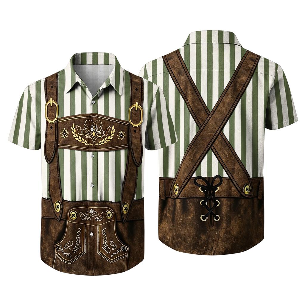 Men's Short Sleeve Button Up Shirt with Printed Vintage Beer Festival Elements Casual Loose Fit Party and Everyday Wear Shirt