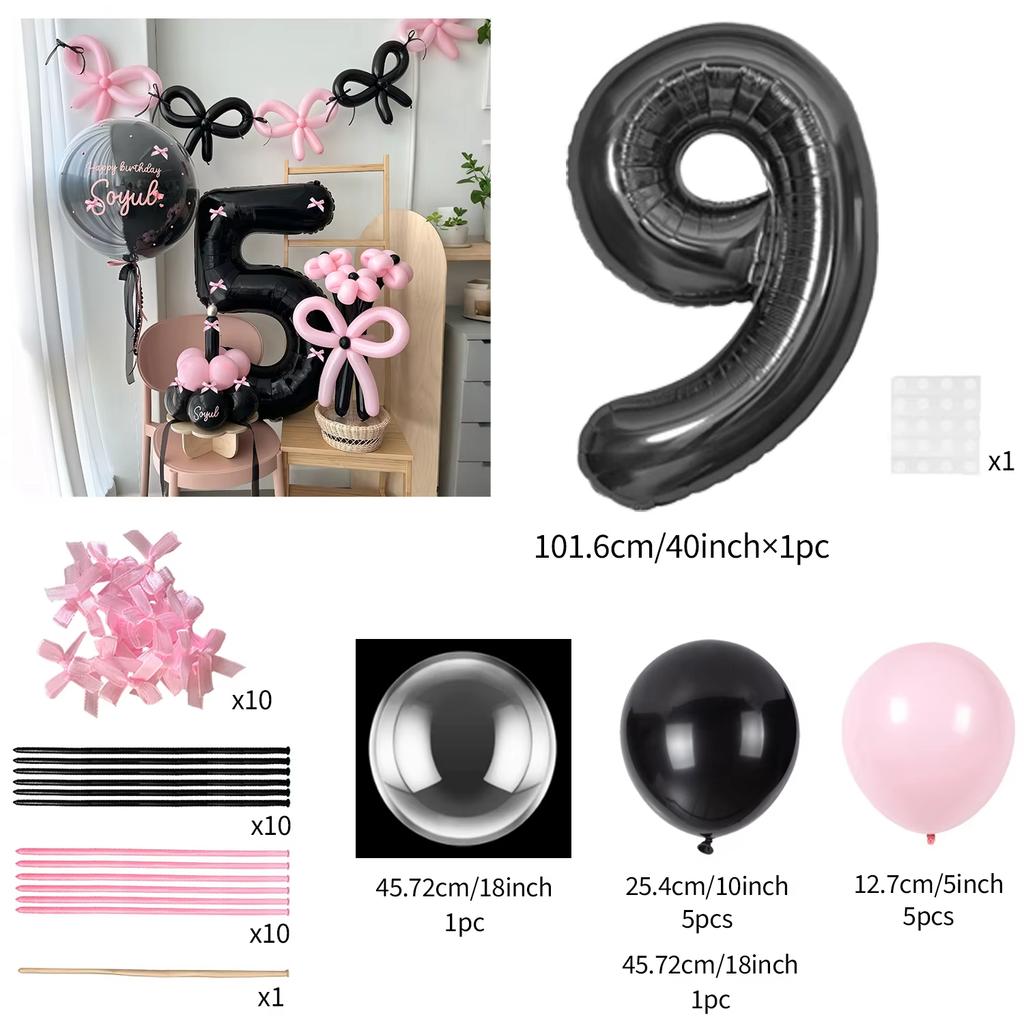 45 Pieces Pink Latex Balloon Black Number Balloon Set for Girls Pink Butterfly Birthday Party, Anniversary Decoration (0-9)