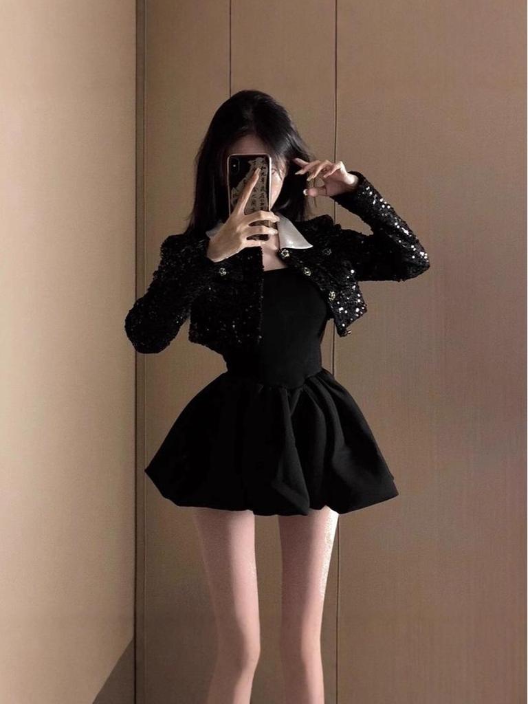 Kleines Französisches Chic Schwarzes Herbstkleid - Puffiger Prinzessin Tulpenrock