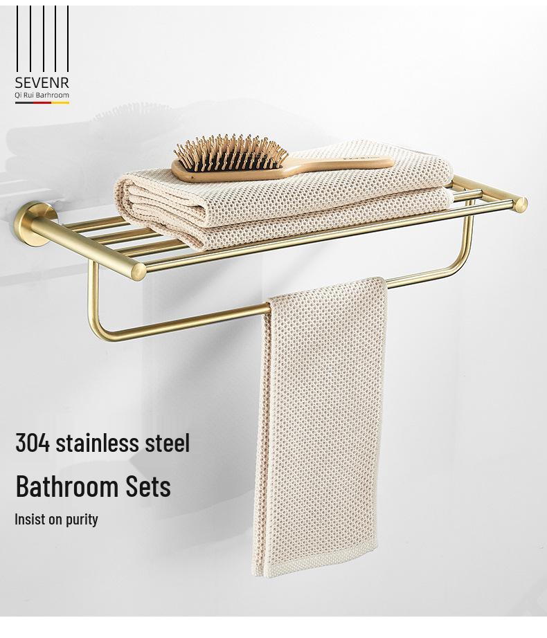 Gold Brushed Stainless Steel Bathroom Set: Towel Rack, Toilet Paper Holder, Storage Shelf, Clothes Hook, No Drill.