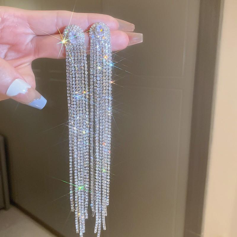 Silver Needle Diamond Water Drop Tassel Earrings - Elegant Court Style, Versatile & Luxurious Design.