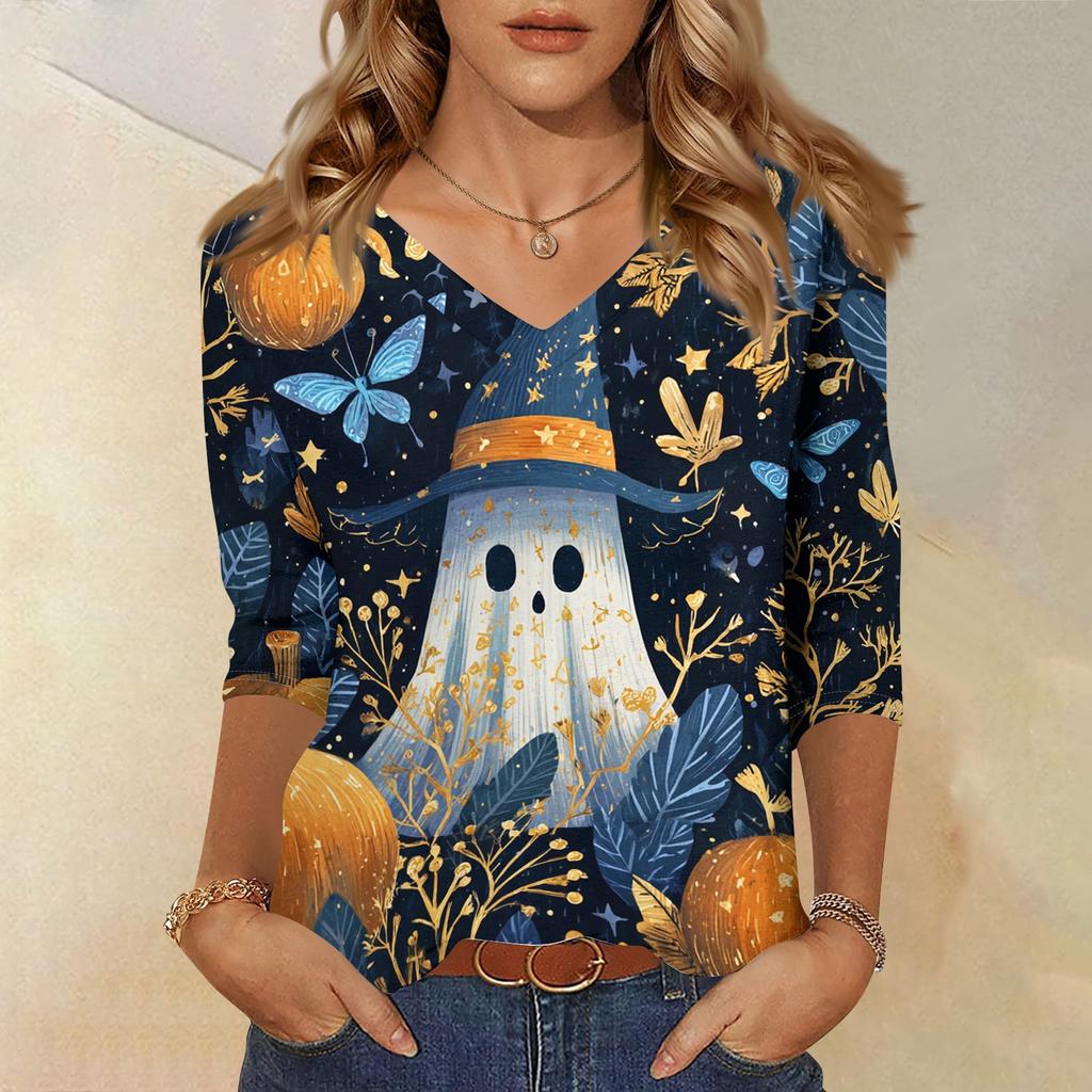 Womens Casual V Neck Three Quarter Sleeve Top Halloween Print Loose Fit Pullover Shirt Lightweight Soft Fabric