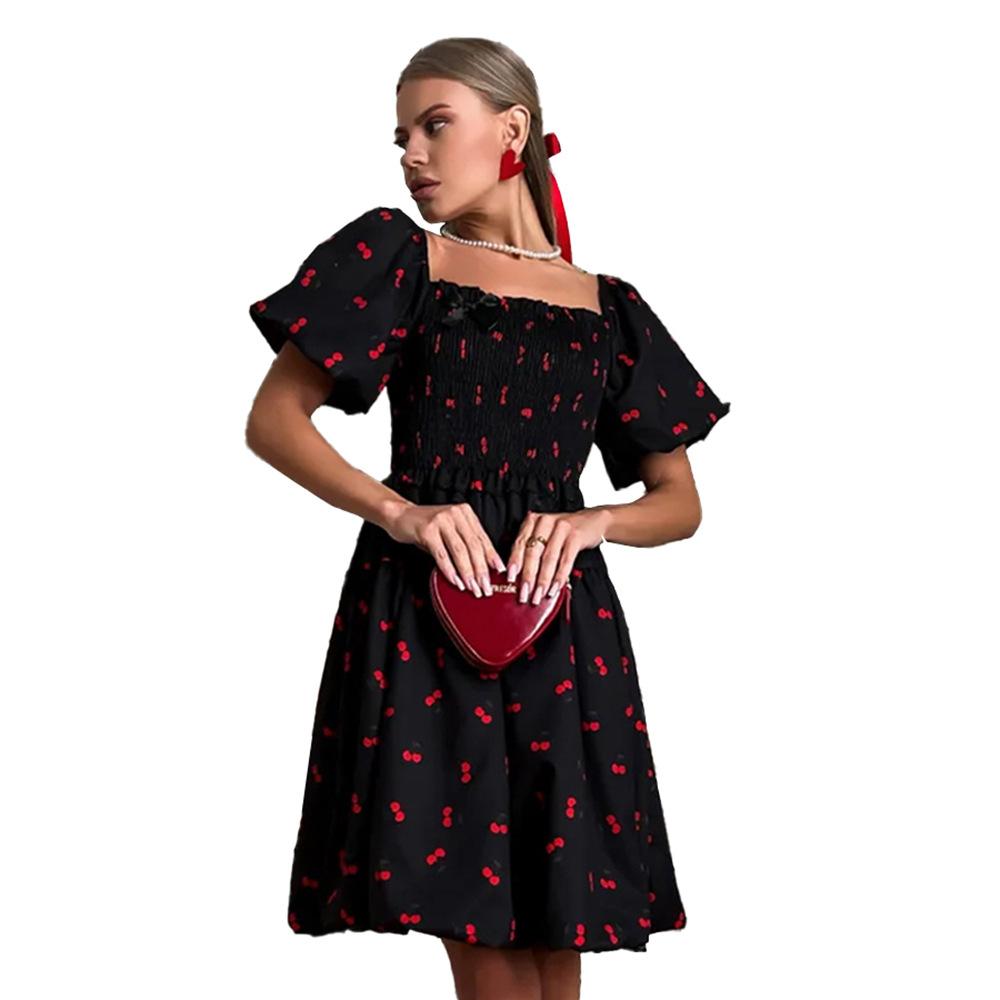 Square neck bubble sleeve dress, new waist skirt in summer in Europe and America, printed short dress