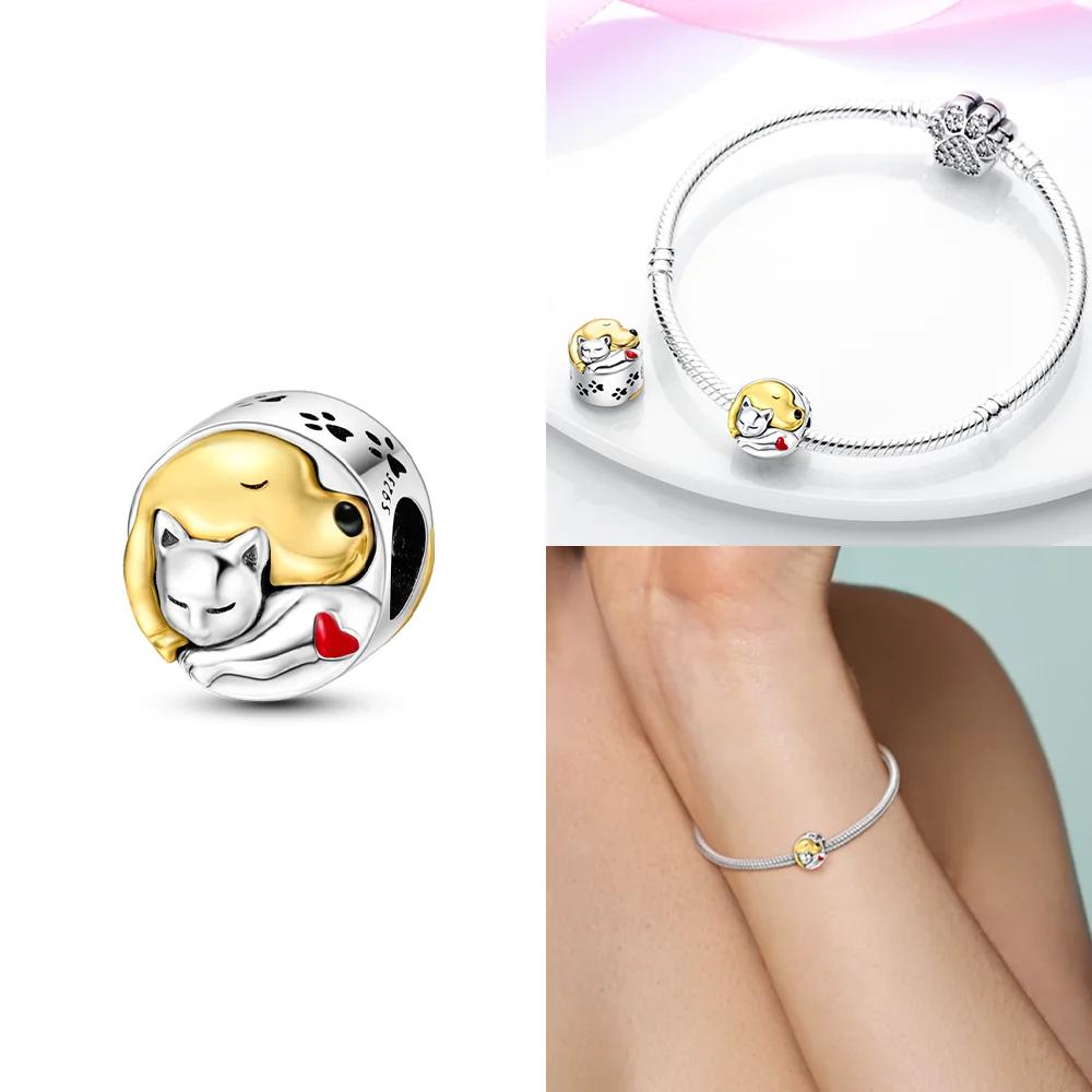 Copper Original Charms Love Heart Dog Cat Paws Pendant Beads Fit Mula Bracelet Diy Jewelry For Women Gift