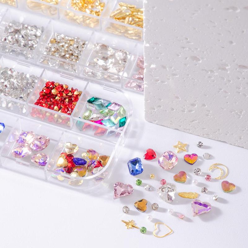 12 Grid Nail Art Diamond Jewelry Nail Art Trinket Mixed Pointed Bottom Drill Metal Rivet Jewelry