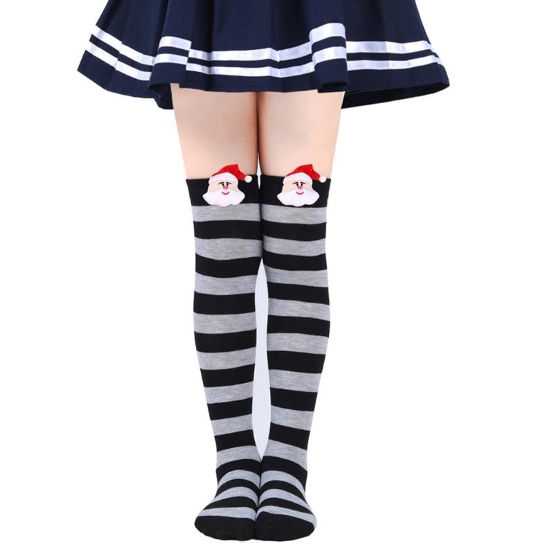 Cartoon Santa Christmas Stockings for 6-10Y Children Over the Knee Socks for Little Girls Unisex Winter Striped Socks