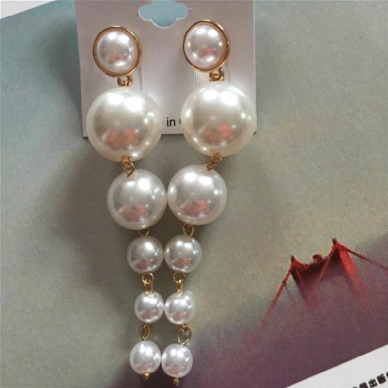 New Trendy Elegant Created Big Simulated Pearl Long Earrings Pearls String Statement Dangle Earrings