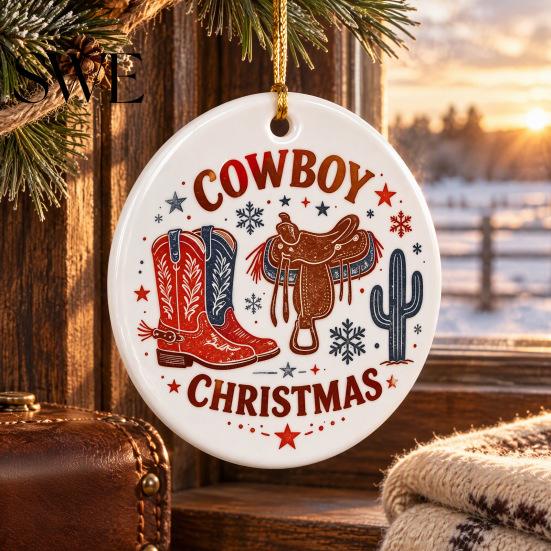 Xmas Tree Hanging Ornaments Ceramic Christmas Ornament, 2D Double Sided Cowboy/Nutcracker/Holy Berry Living Room Wall Decor Ornament for Holiday Tree,