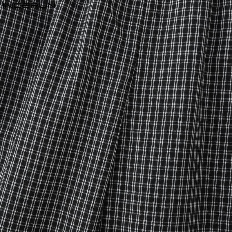 INCERUN Men Elastic Waist Plaid Print Casual Loose Wide Legs Capri Pants Shorts