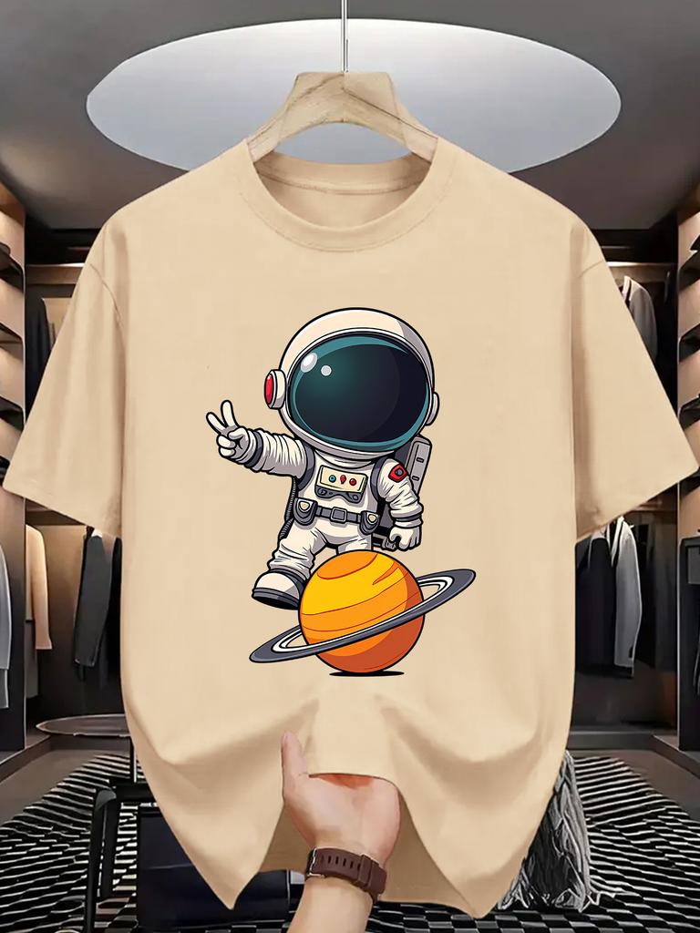 Unisex O Neck Tee Astronaut Planet Cartoon Print Cotton Short Sleeve Loose Summer Street Breathable Daily Casual Basic Wear Top