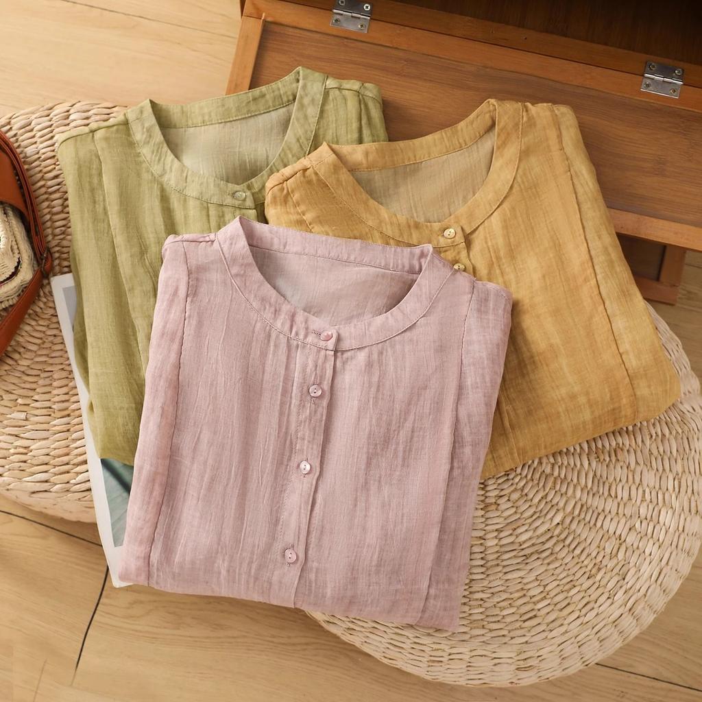 Plus Size Women Summer Loose Vintage O-neck Shirt Cotton Linen Casual Shirts Office Lady Tops