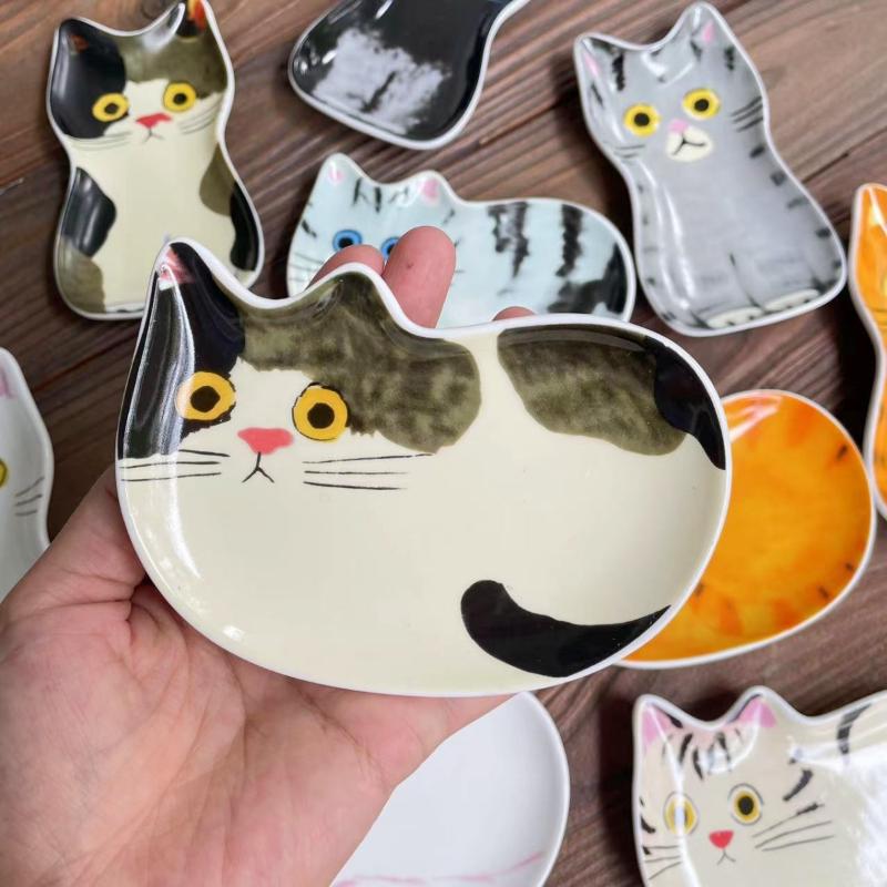 Cute Pets Cat Sauce Dish Ceramic Creative Cute Cat Face Shaped Condiment Dish Small Plates Tableware Home Kitchen Supplies