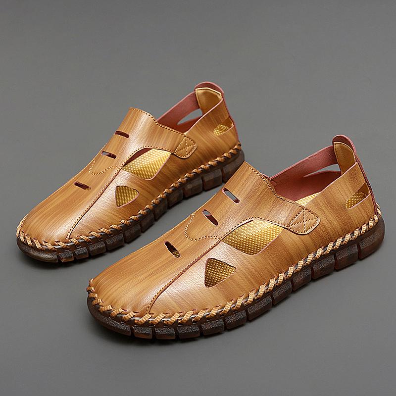 Hand-stitching Mens Casual Shoes New Summer Men Sandals All-match Man Leather Flats Fashion Hollow Out Shoes Breathable Sneakers
