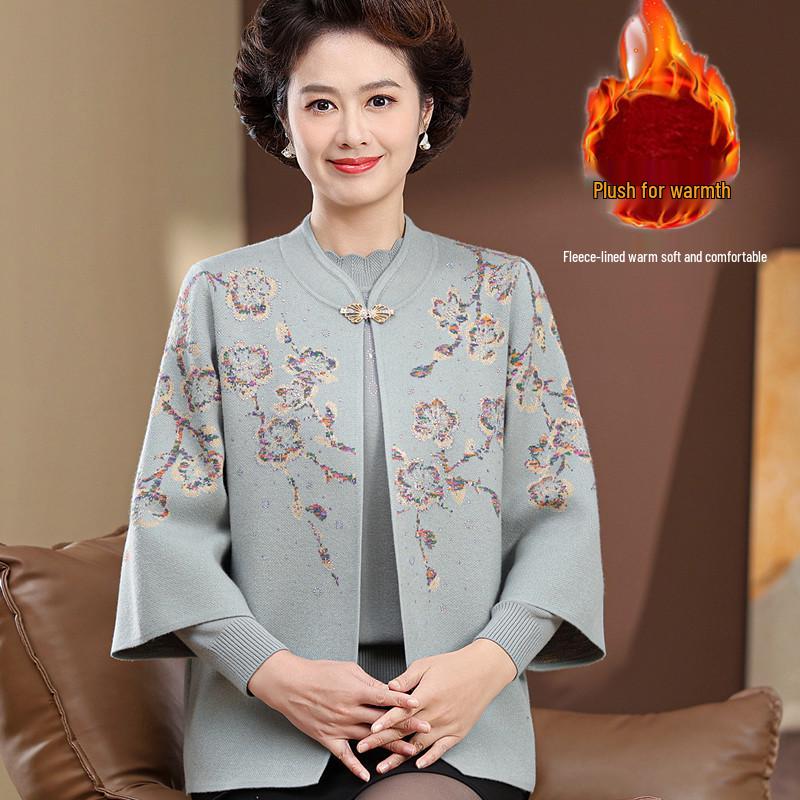 Mother-in-law Style Autumn Knit Cardigan Set for Middle-aged and Elderly Women