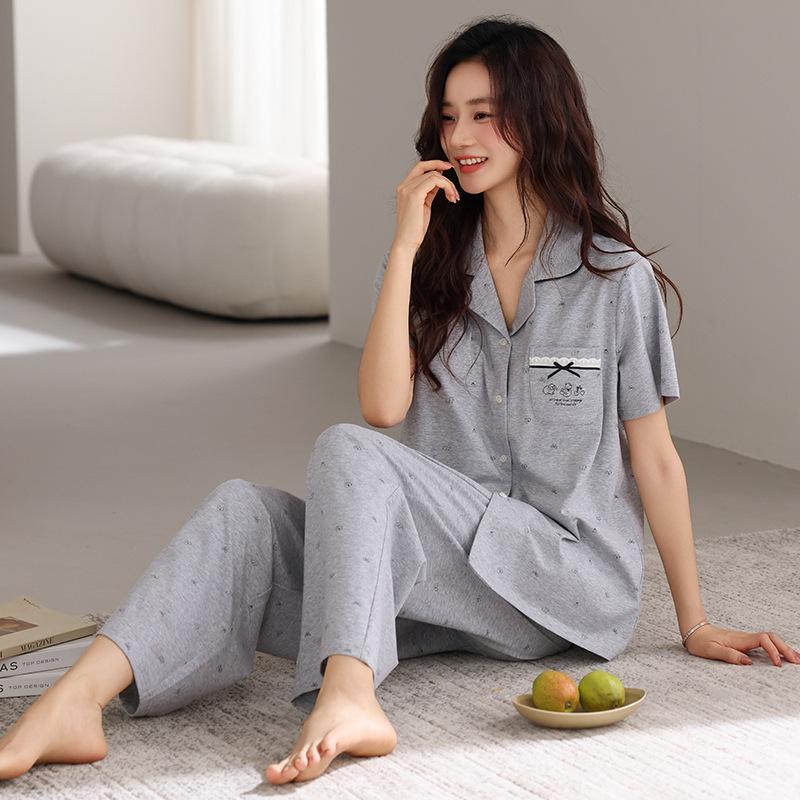 Pajamas with chest pads, women's summer thin cotton short-sleeved trousers, large size casual and high-end sense, can be worn outside loungewear