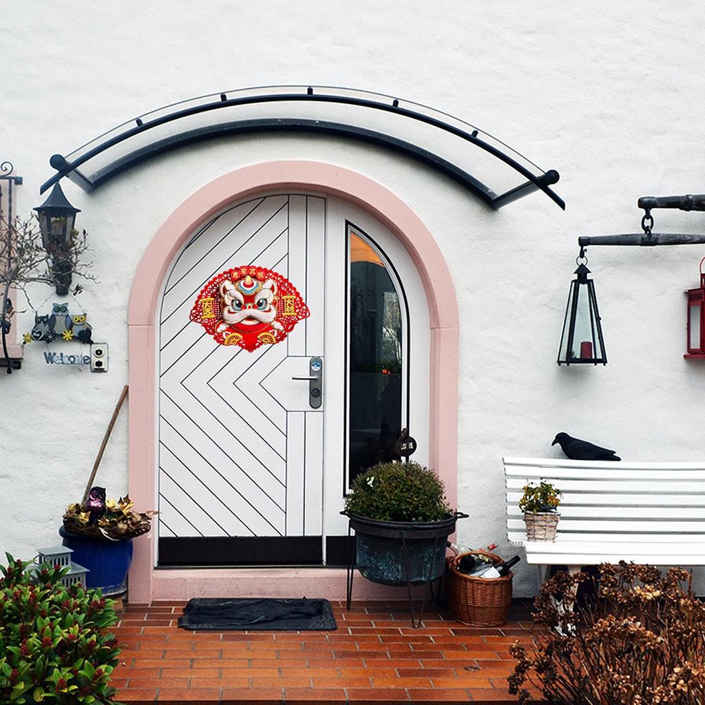 Spring Festival Fan Shaped Lion Dance Door Decoration 33x50cm Multifunctional Flocked Fabric for Festival Party Supplies