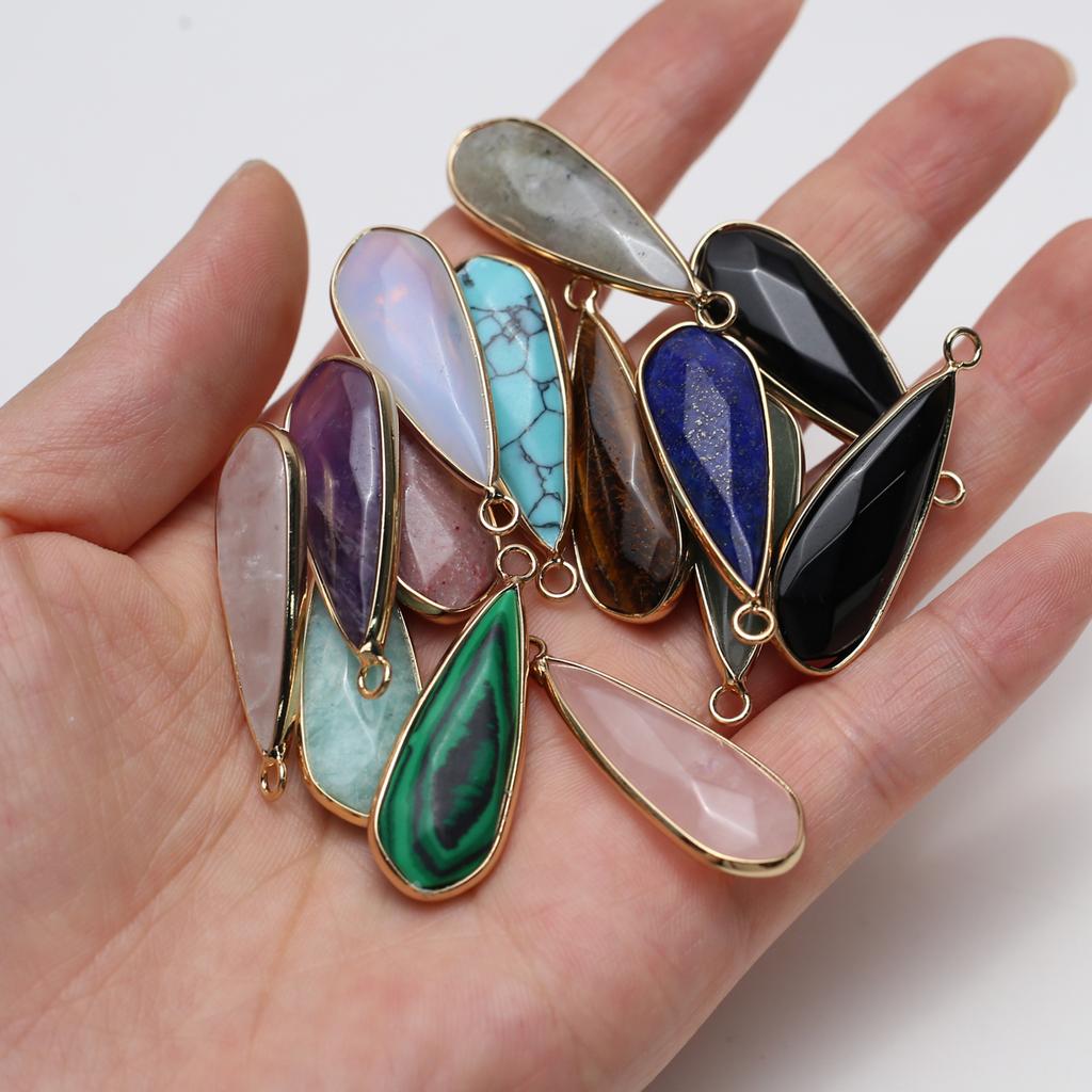 3Pcs, Faceted Natural Stone Crystal Lapis Lazuli Amethyst Gemstone Pendant, Boho Handmade Long Water Drop Charms for Jewelry Making DIY Crafts 13×35mm