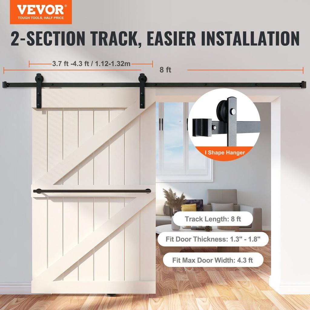 8FT Sliding Barn Door Hardware Kit, 330LBS Loading Heavy Duty Barn Door Track Kit for Single Door, Fit 3.7-4.3FT Wide and 1.3"-1.8" Thick Door Panel,