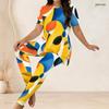 Women Plus Size Striped Printed Round Neck Short Sleeve Two Piece Set Long Top And Fitted Pants