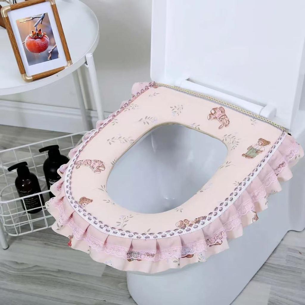 Toilet Seat Zipper, Large Caliber Seat Cushion Warm Seat Cushion All Cotton Lace Washable and Waterproof