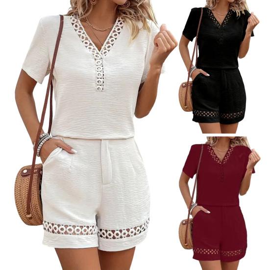 Completo Estivo Due Pezzi Donna Top e Pantaloncini T-shirt Scollo a V Traspiranti Colore Unito Casual Maniche Corte Camicie Pantaloncini Suit
