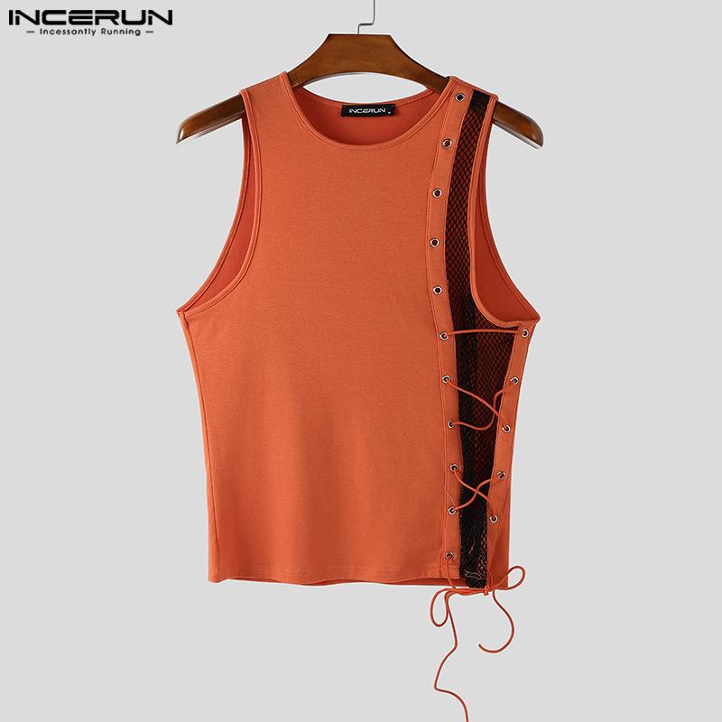 INCERUN Men O Neck Sleeveless Mesh Sheer Patchwork Bandage Slim Tank Tops