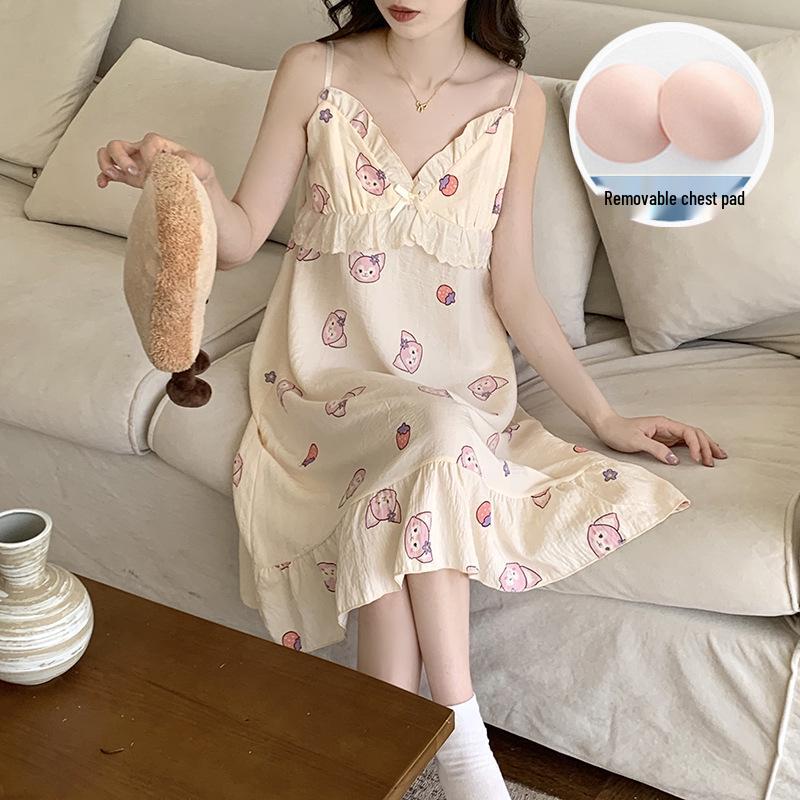 2025 Sweet Princess Style Cloud Cotton Camisole Set with Chest Pads for Women - Summer Home Pajamas