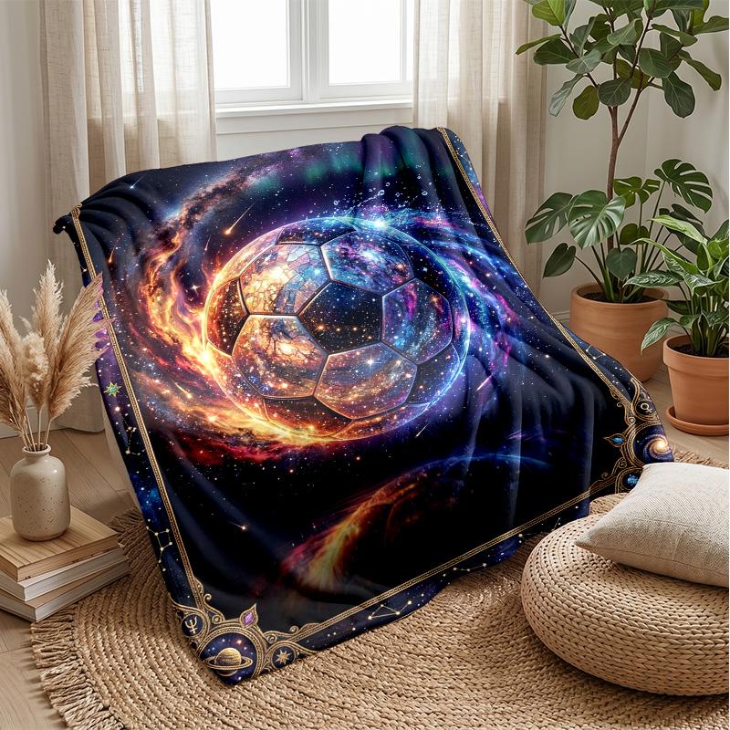 Cosmic Soccer Ball Blanket Personalized Name Flannel Blanket Soft Cozy Plush Throw for Sofa Bed Lightweight Home Decor