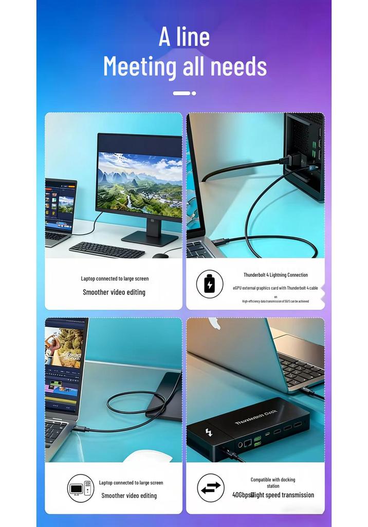 Thunderbolt 4 Data Cable: Dual Type-C, 240W Fast Charging, 40Gbps Speed, 8K Display Output.