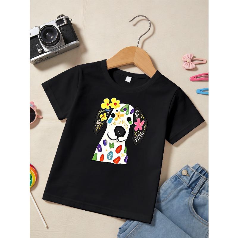 European sizes Girls Cute Floral Dog Print T-Shirt, White Short Sleeve Crew Neck Tee, Casual Summer Top for Kids
