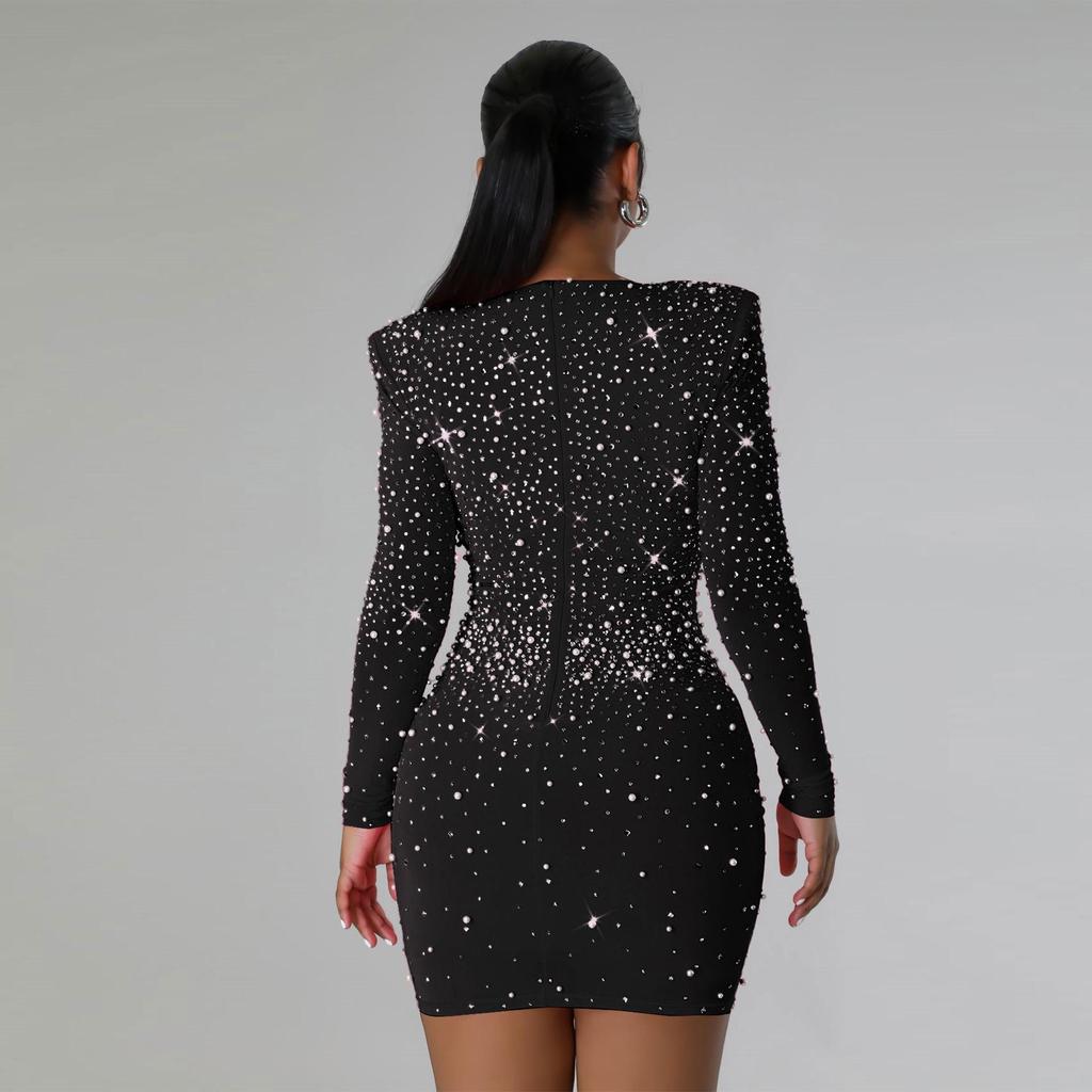 Rochie elegantă, slim fit, cu mânecă lungă și imprimeu de diamante K2926