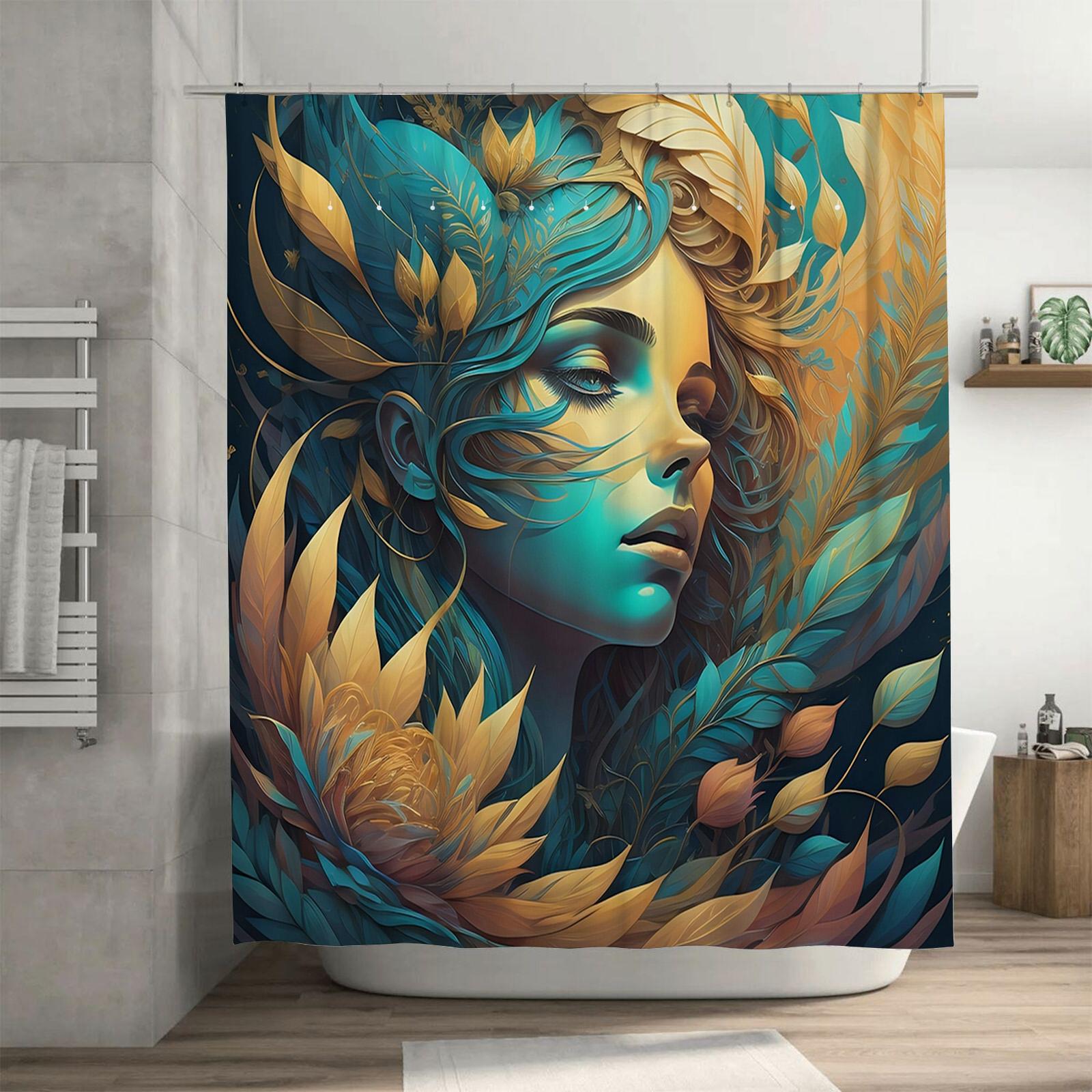 

Golden And Teal Leafy Portrait Shower Curtain - Waterproof, Mildew-Resistant, Machine Washable For Artistic Bathroom Decor W60H190(CM)-1 Pcs