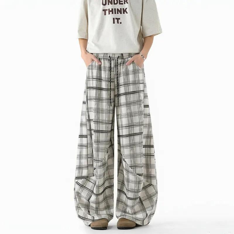 Mens Loose Straight Leg Plaid Pants Casual Wide Trousers Elastic Waist Fall Daily Wear