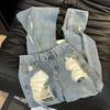 Summer Thin Ripped American Hot Girl Design Wide-Leg Jeans with Natural Waist Slimming for Women