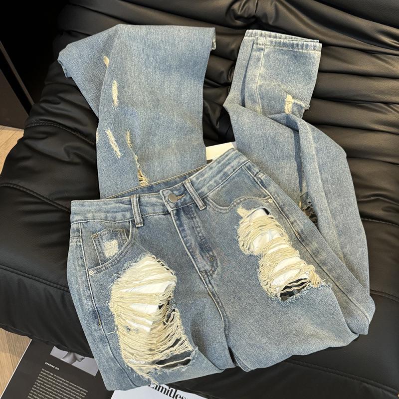 Summer Thin Ripped American Hot Girl Design Wide-Leg Jeans with Natural Waist Slimming for Women