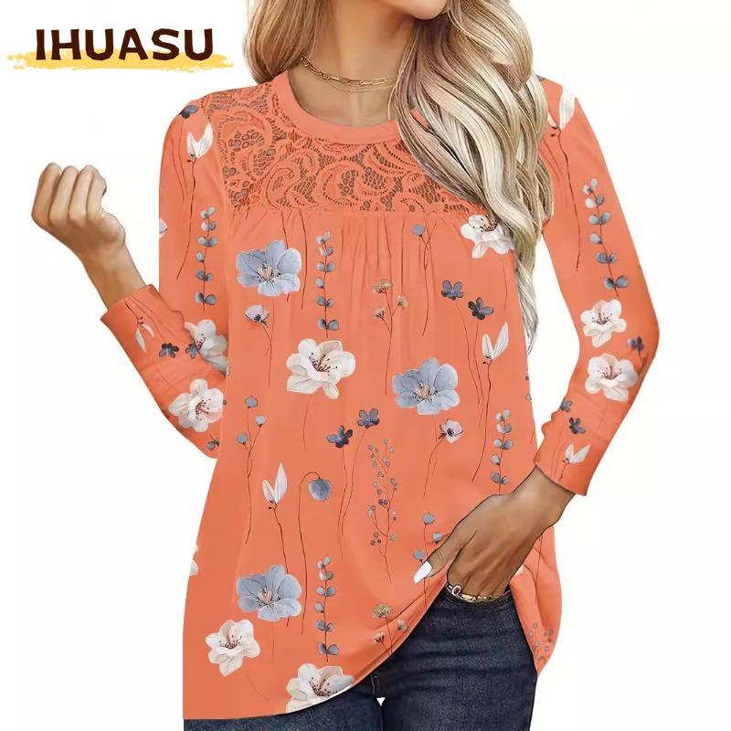 IHUASU Women's Fashion Casual Long Sleeve O-Neck Blouses & Shirts