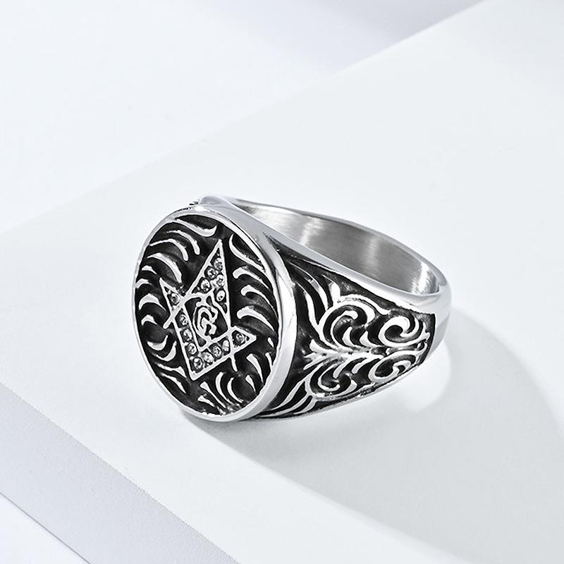 2023 New Style Stainless Steel Cubic Zirconia Ring Fashion Retro Freemasonry G Rings Men's Jewelry
