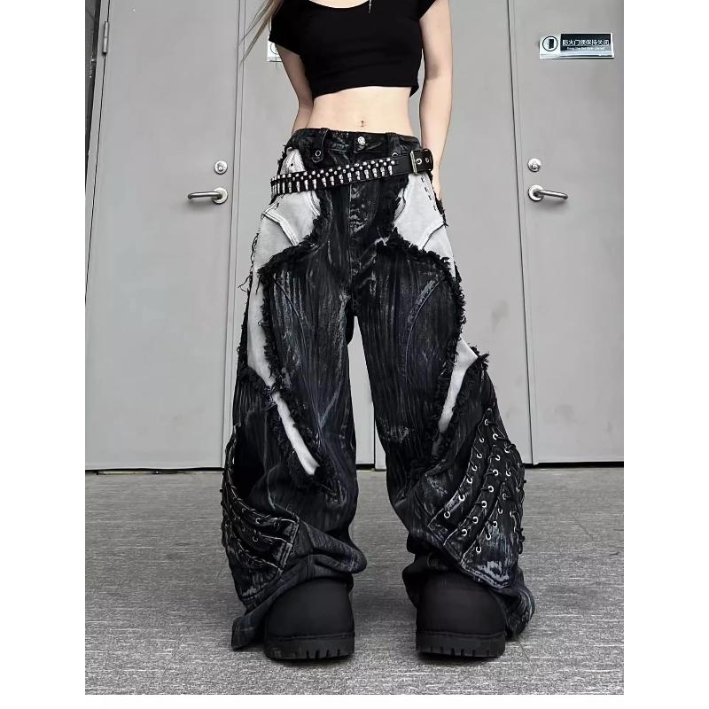 Vintage Patchwork Eskitilmiş Kot Pantolon Hip Hop Bol Geniş Bacak Kargo Pantolon Kadın Yıkanmış Eskitilmiş Kot Pantolon
