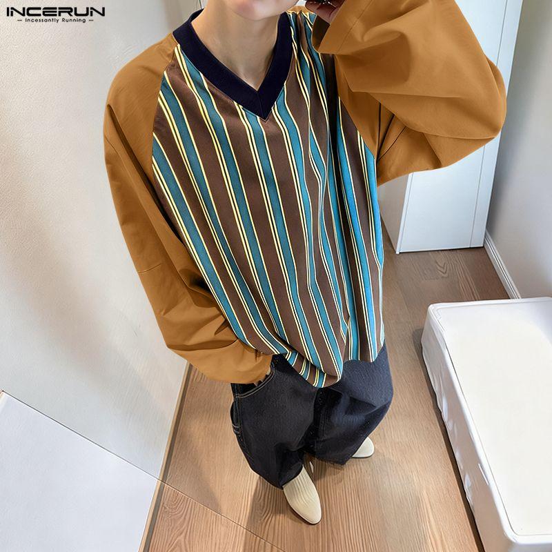 INCERUN Oversized Men V Neck Long Sleeve Striped Print Casual Loose T-shirts Tops